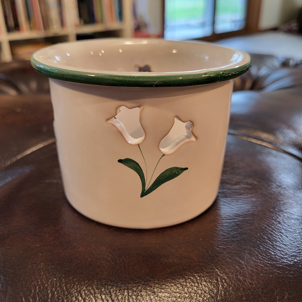 Vintage 3x3.5" White & Green Rim Tulips Cut Out Candle Votive Holder Italy